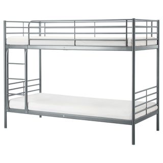 Silver-coloured metal frame bunk bed with ladder and mattresses