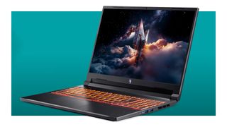 An image showing an Acer Nitro V 16 gaming laptop against a teal background with a thick white border.