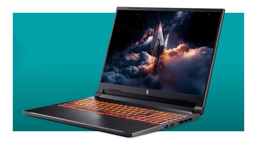 An image showing an Acer Nitro V 16 gaming laptop against a teal background with a thick white border.