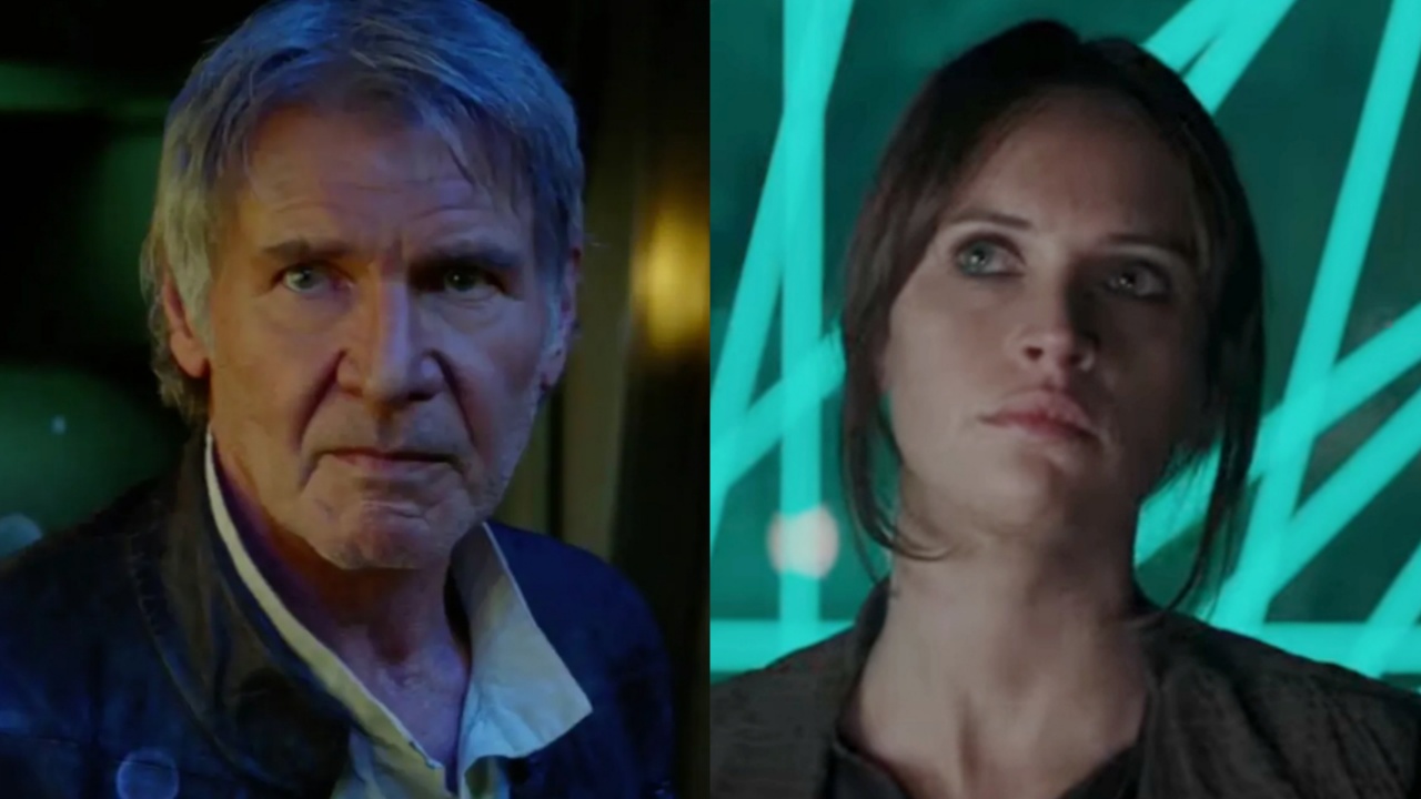 side by side with Harrison Ford as Han Solo in Force Awakens and Felicity Jones' Jyn Erso in Rogue One