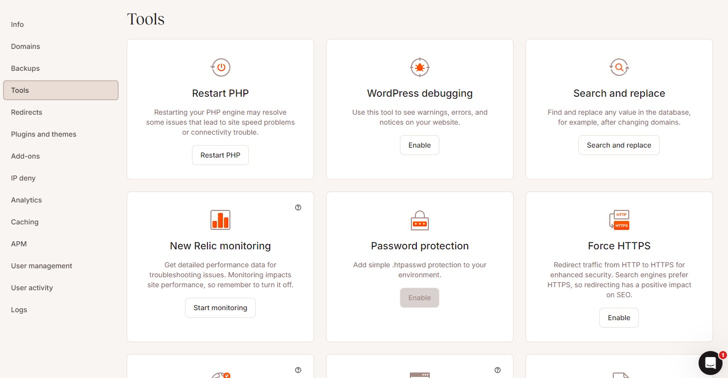 An image of Kinsta's tools in the UI