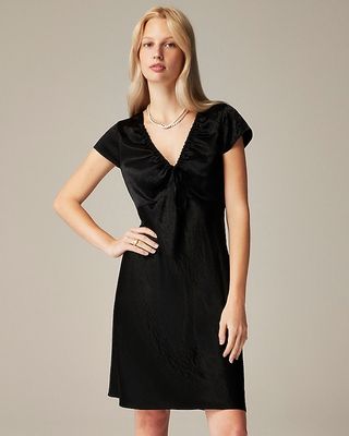 Short-Sleeve Slip Dress in Textured Satin