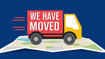 drawing of moving truck driving on a map with "we have moved" written on the side