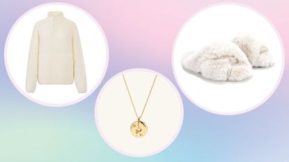 Collage image showing three of the best gifts for Cancer signs, including White Company slippers, SKIMS pullover, and Mejuri jewelry, against a blue, green and pink background