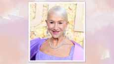 Helen Mirren is pictured with glowing skin and wearing a purple dress whilst arriving at the 81st Annual Golden Globe Awards at The Beverly Hilton on January 07, 2024 in Beverly Hills, California/ in a peach and purple watercolour-style template
