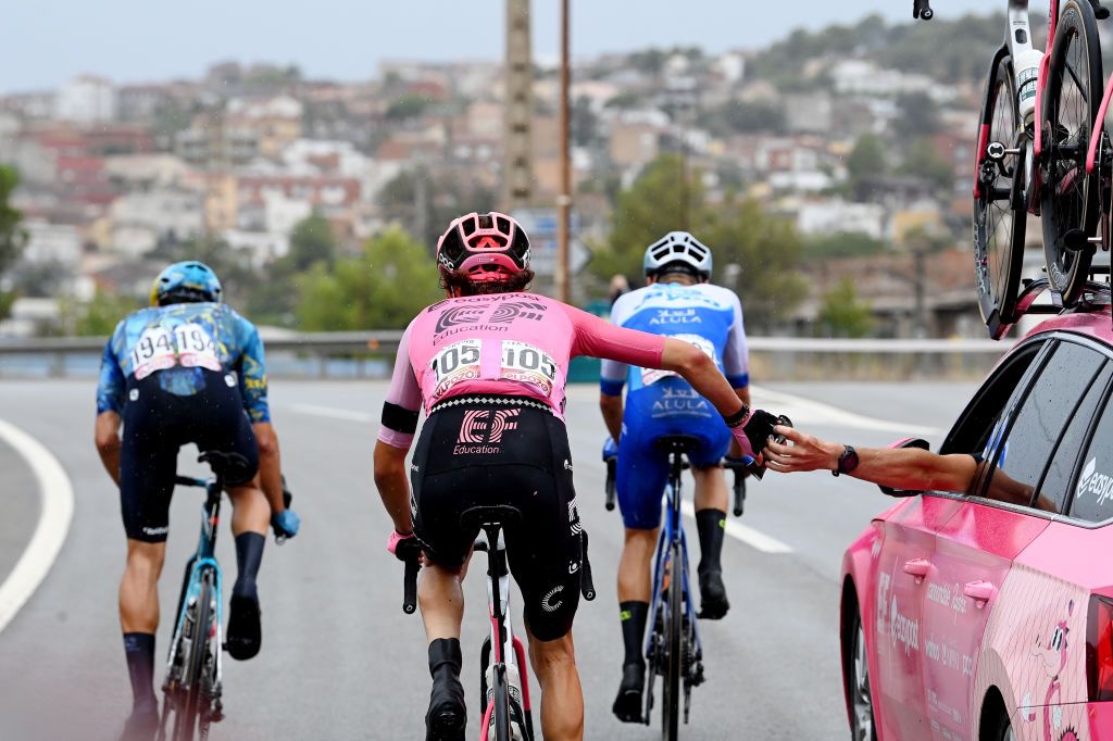 BARCELONA SPAIN AUGUST 27 LR Javier Romo Oliver of Spain and Astana Qazaqstan Team Andrea Piccolo of Italy and Team EF EducationEasyPost and Matteo Sobrero of Italy and Team Jayco AlUla compete in the breakaway during the 78th Tour of Spain 2023 Stage 2 a 1818km stage from Matar to Barcelona UCIWT on August 27 2023 in Barcelona Spain Photo by Tim de WaeleGetty Images