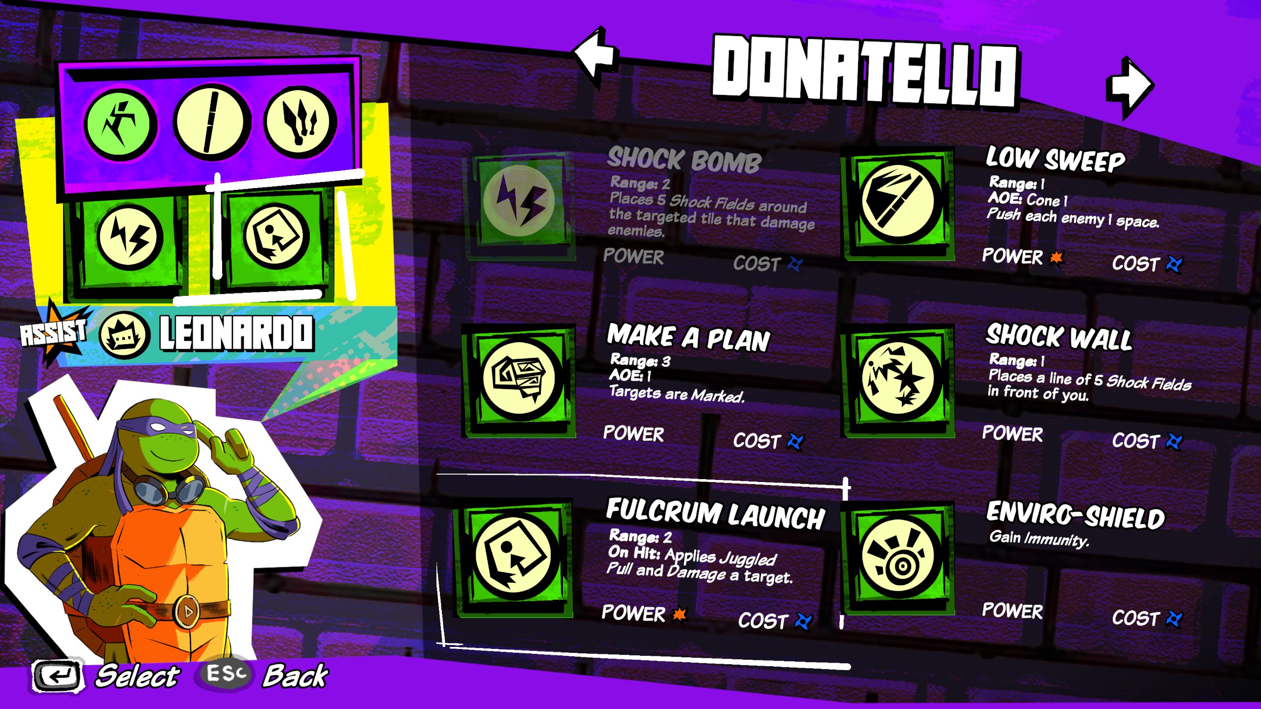 Donatello's loadout customization menu with several skills unlocked in Teenage Mutant Ninja Turtles: Tactical Takedown