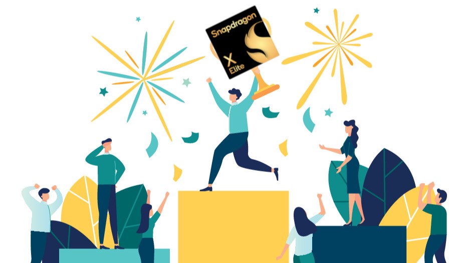 An illustration of a figure celebrating atop a winners' podium, holding aloft a large trophy with the Snapdragon X Elite insignia.