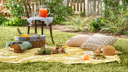 a picnic scene with a yellow blanket, pillows, snacks, and a chair with a jug and glasses on it
