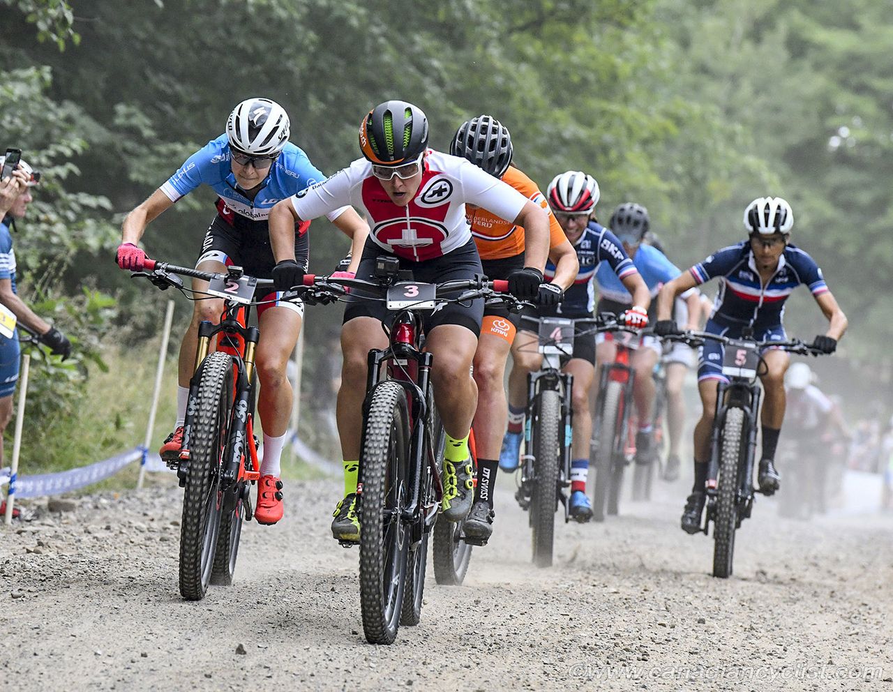 Nathalie Schneitter (Switzerland) leading at the start of the women's race