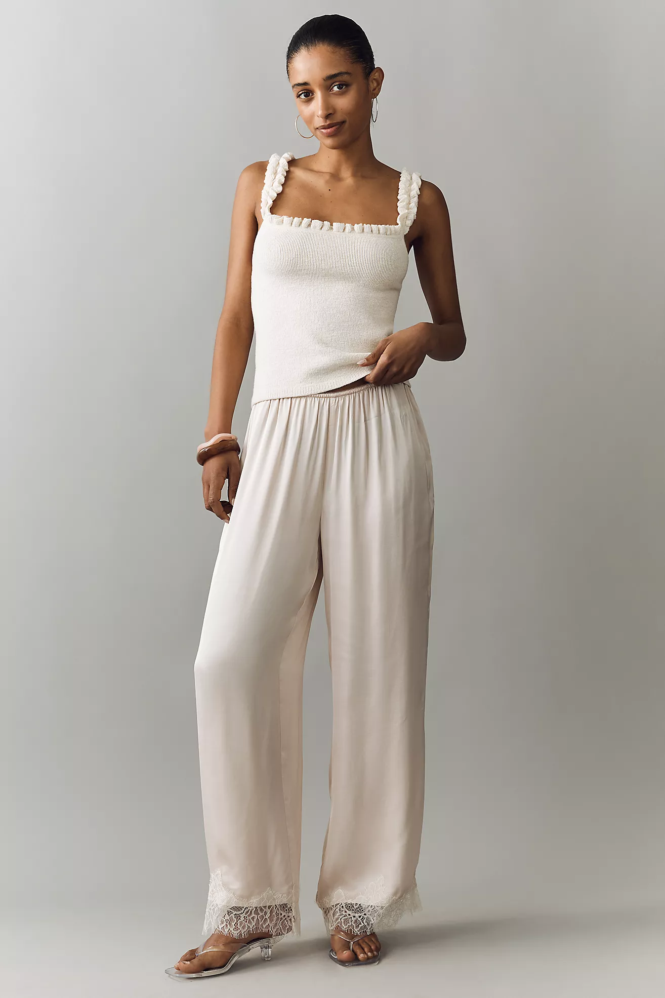 Lyrebird Satin Lace-Trim Wide-Leg Trousers