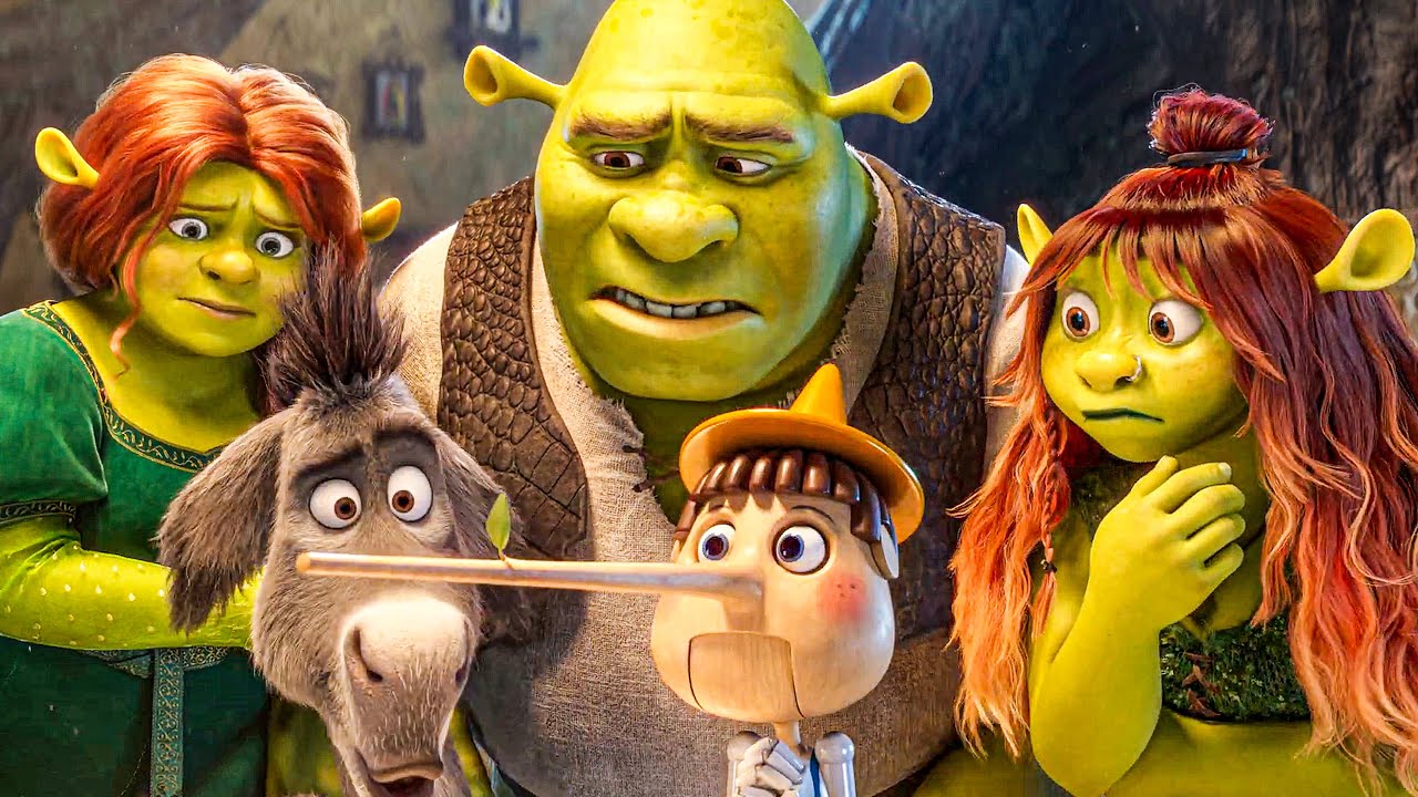 Fiona, Donkey, Shrek, and Felicia staring at Pinocchio's long nose in Shrek 5