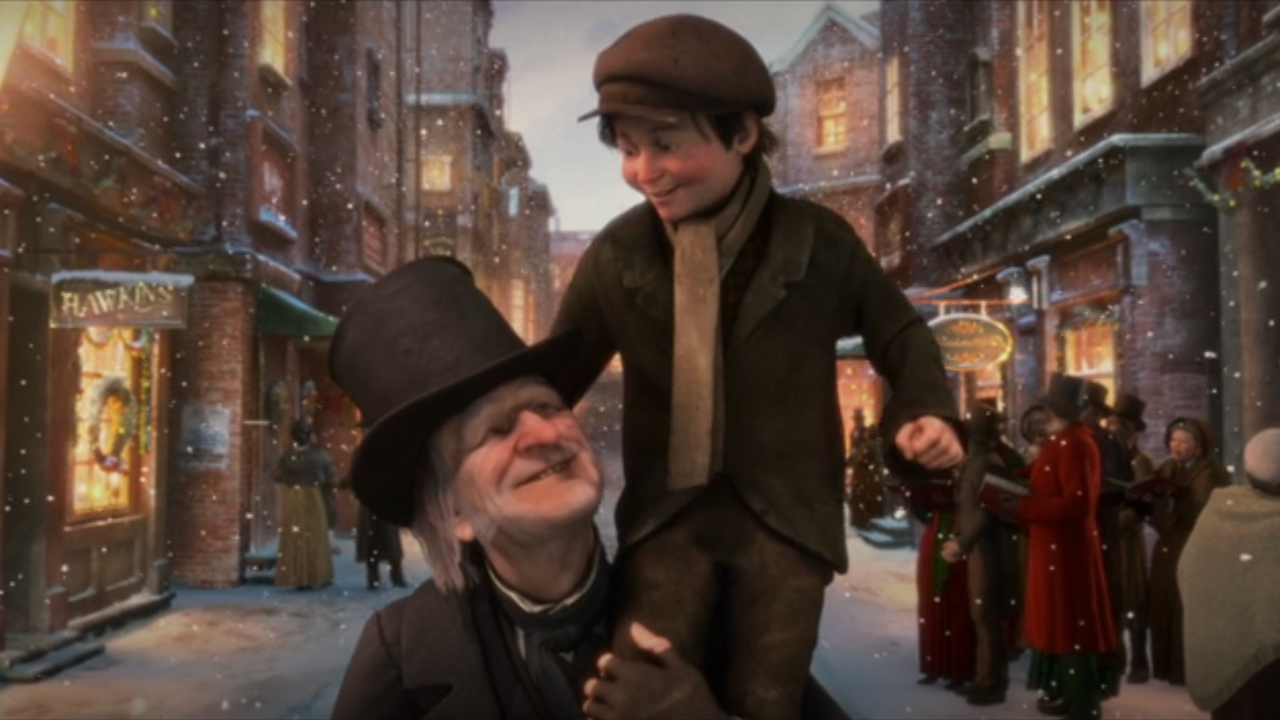 Ebenezer Scrooge le sonríe a Tiny Tim mientras se sienta en su hombro en A Christmas Carol de Disney.