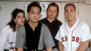 Pixies posing for a group portrait backstage at the Warfield Theater in San Francisco on April 16, 1992. (Photo by Clayton Call/Redferns)