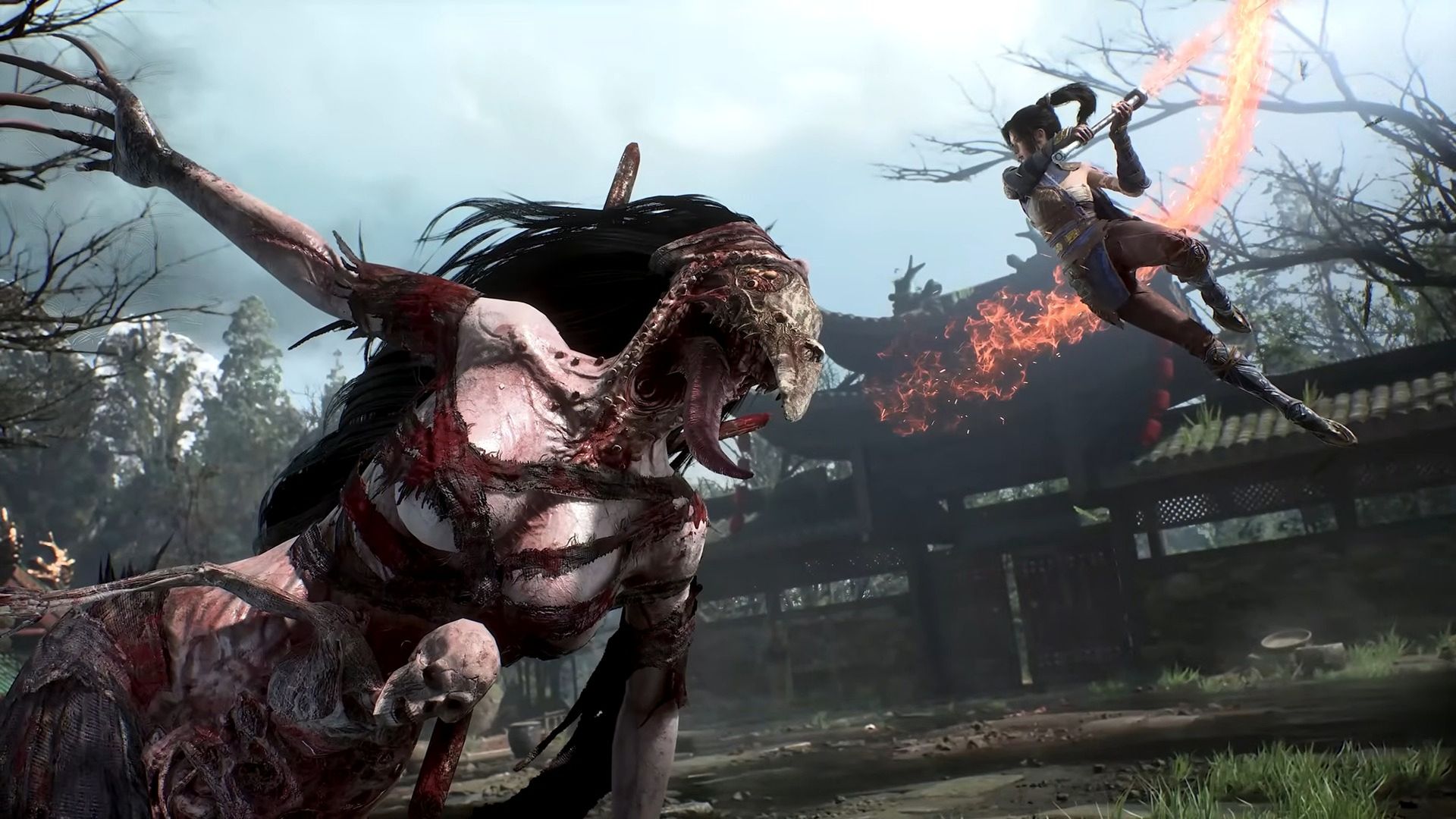 Launch trailer screenshot of the player fighting a giant monster in Wuchang: Fallen Feathers
