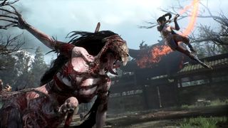 Launch trailer screenshot of the player fighting a giant monster in Wuchang: Fallen Feathers