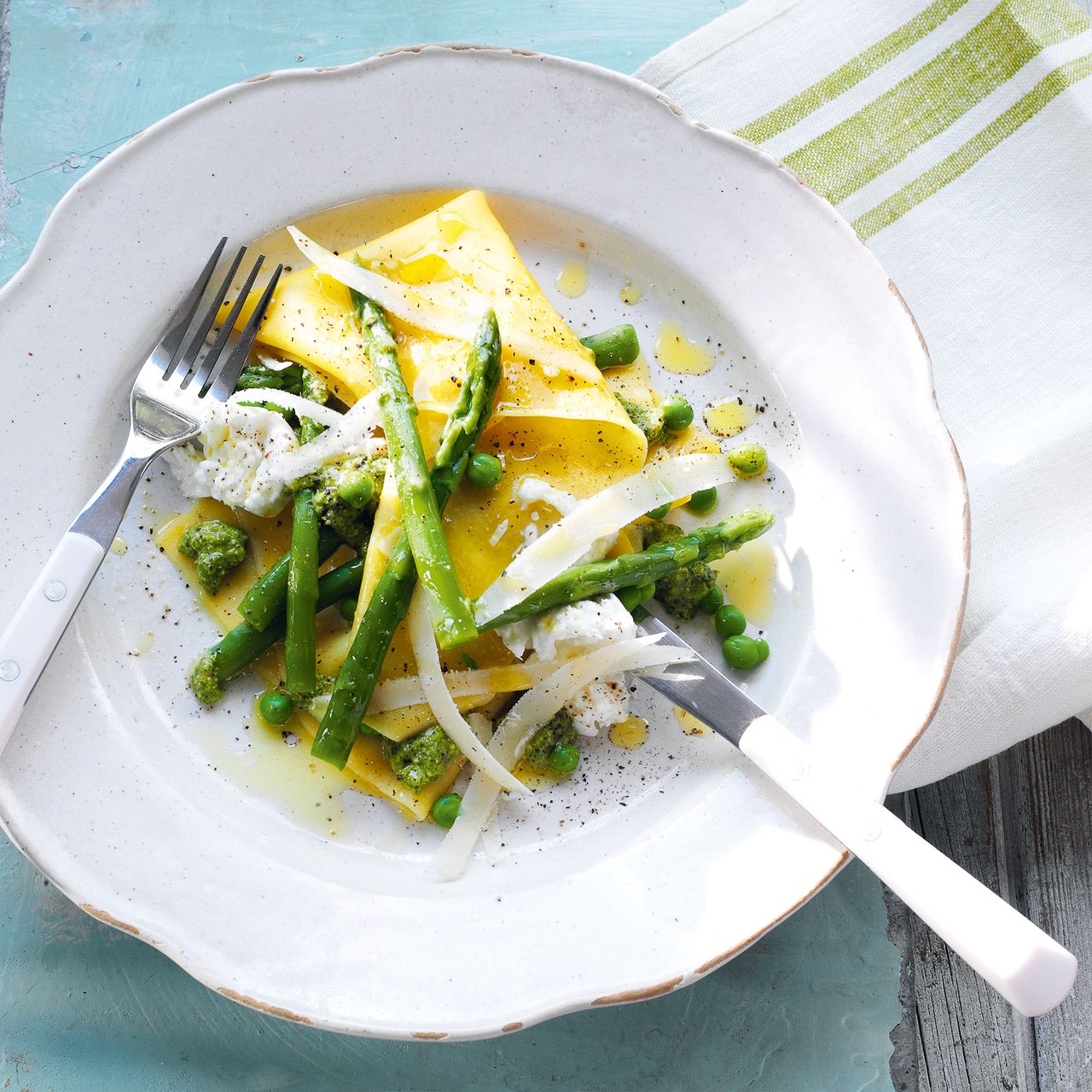 Pea and Asparagus Open Ravioli