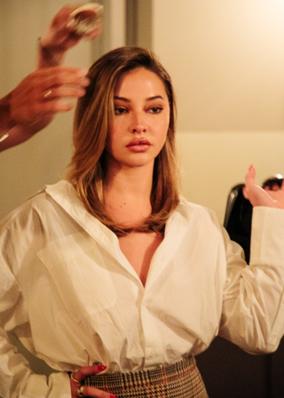 Madelyn Cline getting ready for Tommy Hilfiger at New York Fashion Week