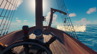 Viewed from first person, the players stands at the helm of a pirate sloop as it sails through the ocean in Salt 2: Shores of Gold