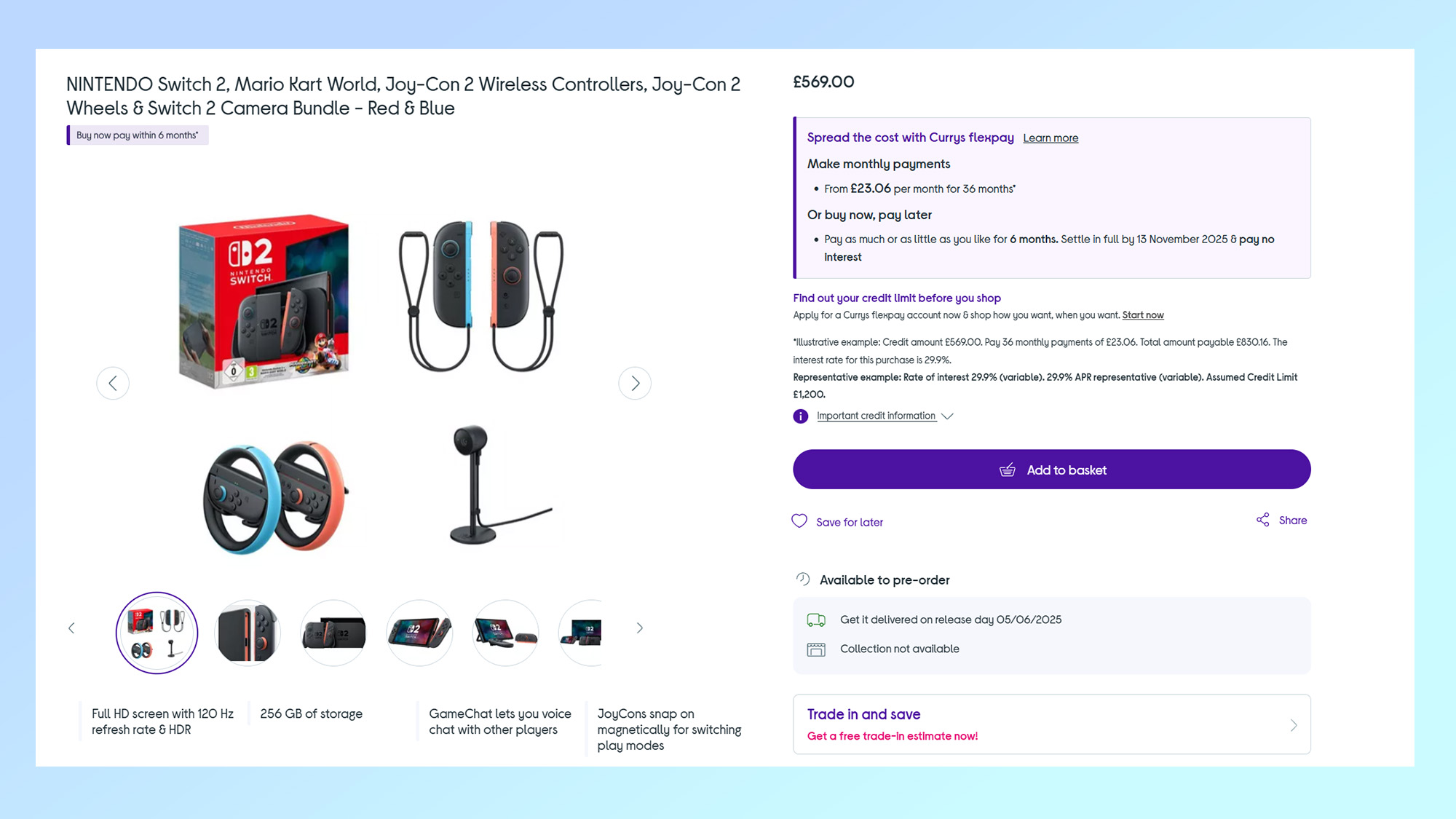 Nintendo Switch 2 pre-order page from Currys showing bundled accessories