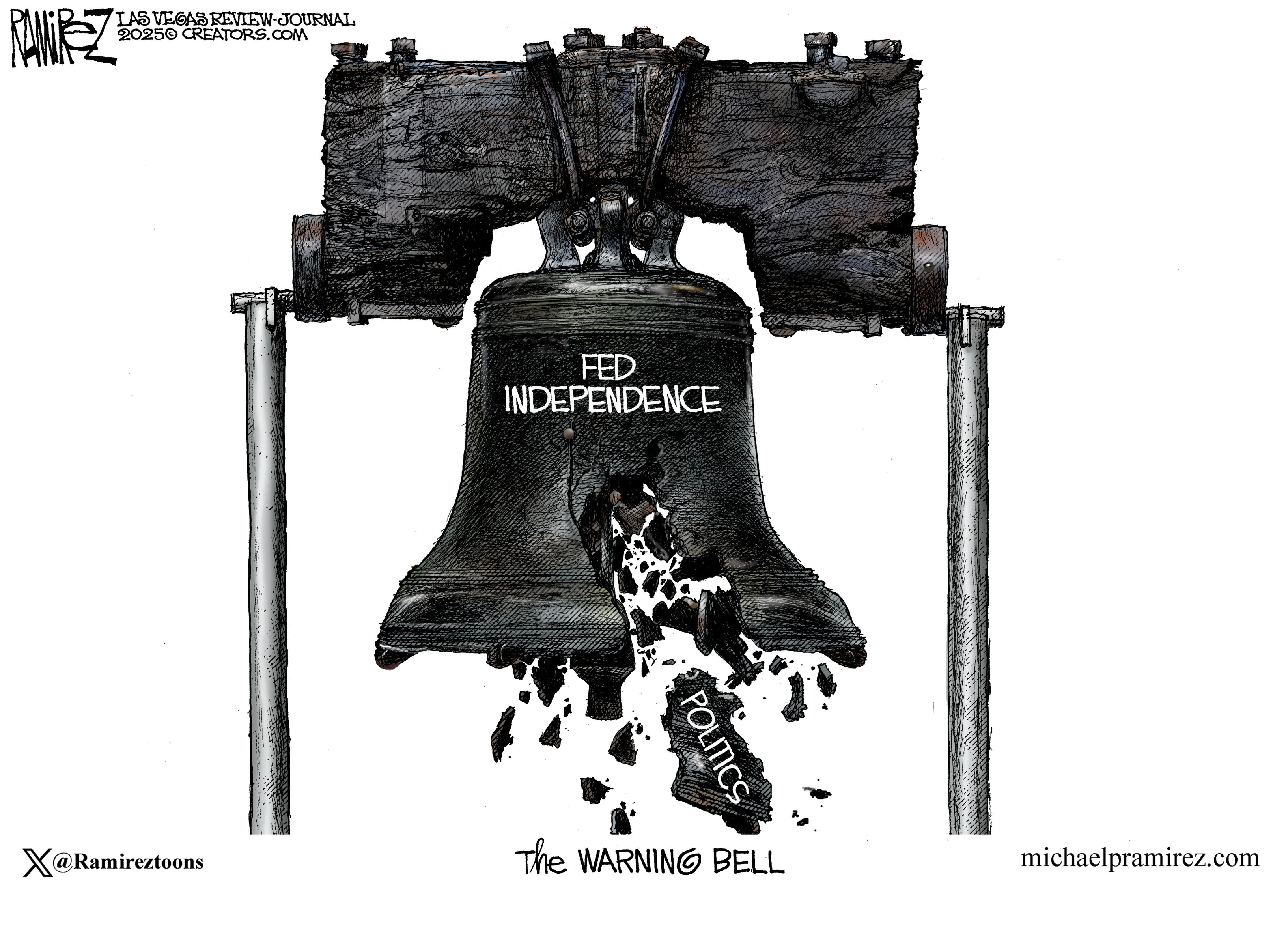 This cartoon is titled “The Warning Bell”. It depicts the Liberty Bell with the words “Fed Independence” written on its side. A piece of the bell labeled “politics” has been cracked off and is falling to the ground.