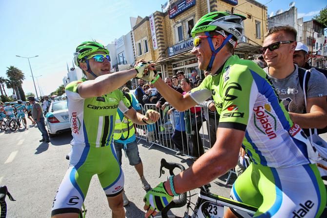 Elia Viviani (Cannondale) is congratulated after his win
