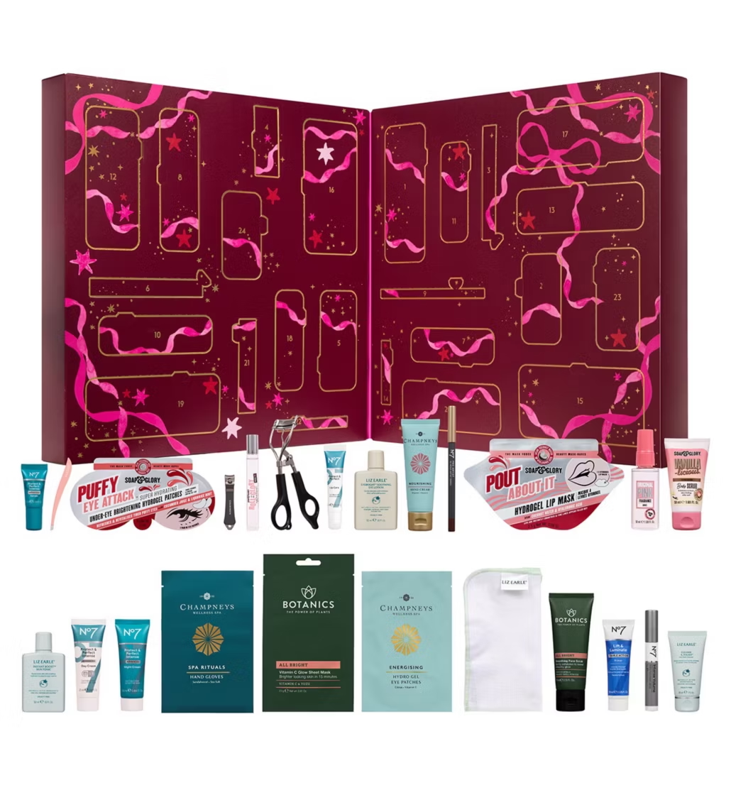 Macmillan 24 Doors Of Joy Beauty Advent Calendar with its contents in front of it