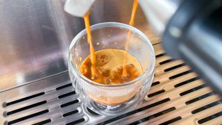 An image of a shot of espresso being poured into an espresso glass