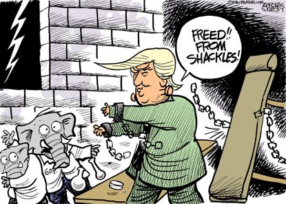 Political cartoon U.S. 2016 election Donald Trump GOP shackles