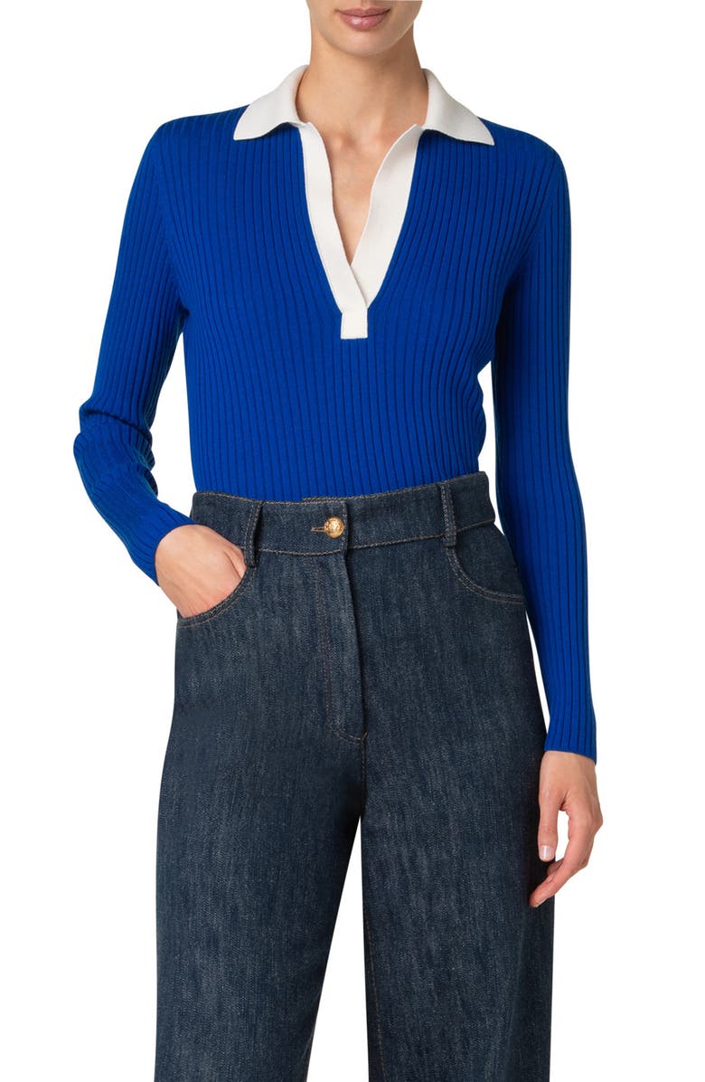 Colorblock Long Sleeve Virgin Merino Wool Rib Polo Sweater