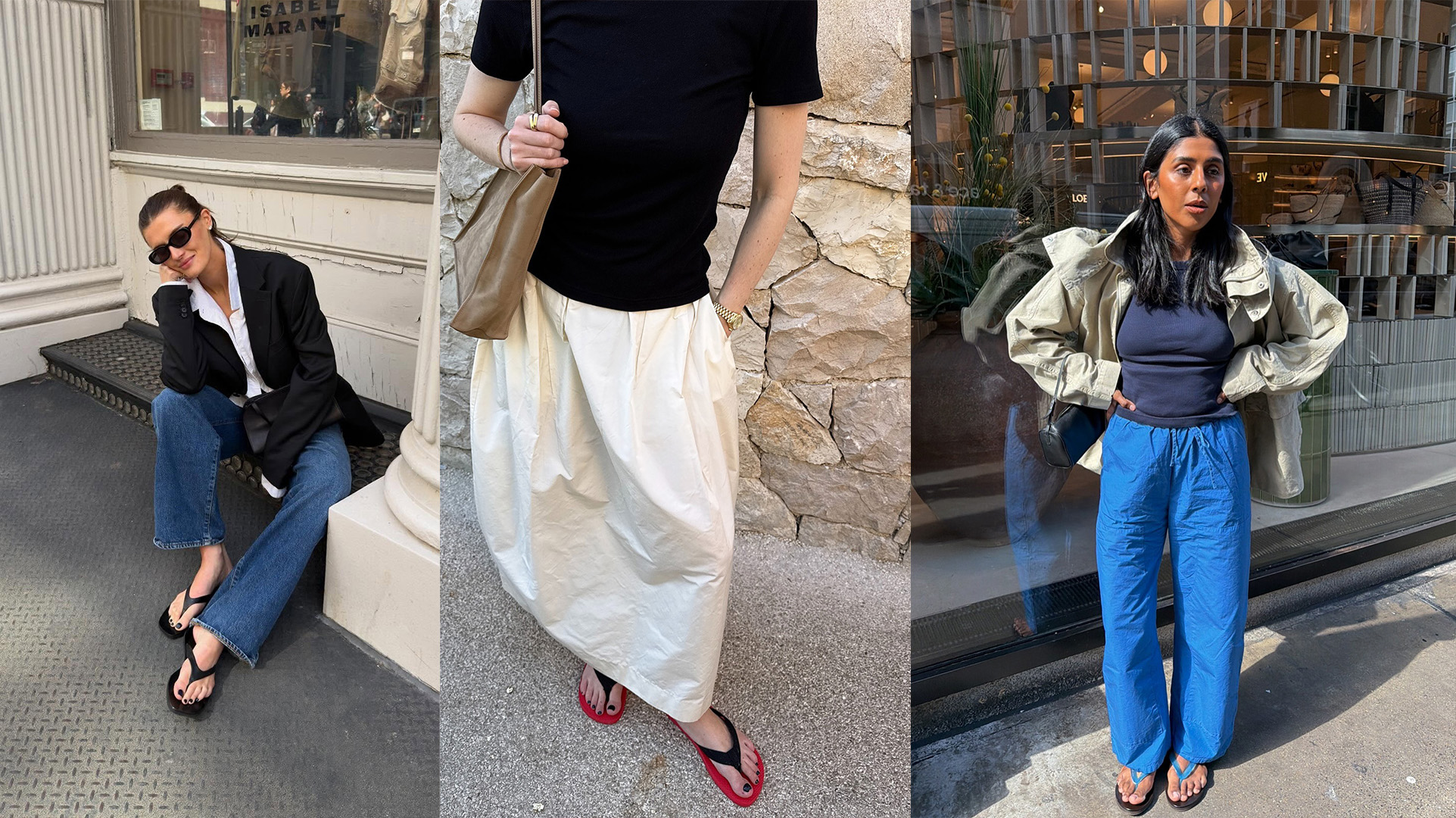 Collage of influencers wearing trendy flip-flops