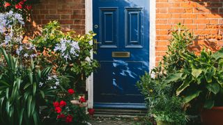brick house with blue front door and colourful planted pots outside