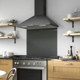 kitchen room with grey exhaust chimney
