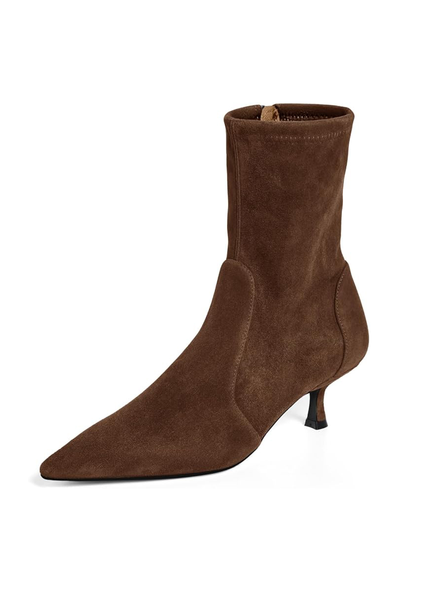 Coutgo, Coutgo Womens Low Kitten Heel Ankle Boots Pointed Toe Booties Side Zipper Fall Shoes, Dark Brown, Size 8