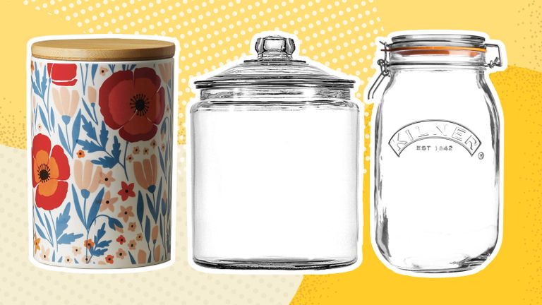 three pantry storage containers on a colorful background