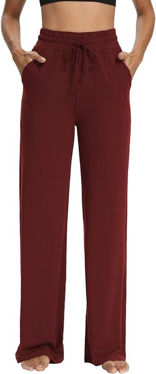 Sarin Mathews Womens Yoga Sweatpants Wide Leg Lounge Pajamas Pants Comfy Drawstring Workout Joggers Pants With Pockets Burgundy Xl