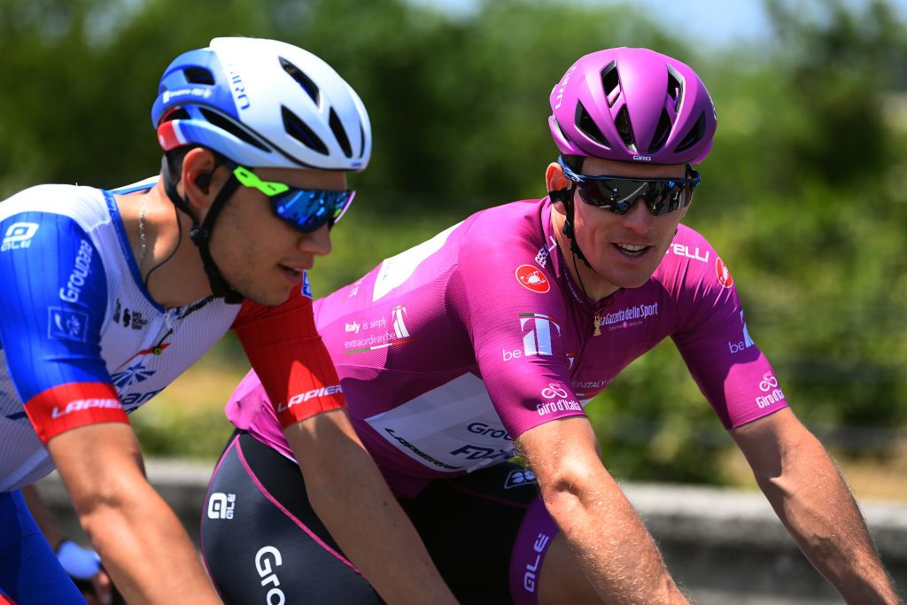 SCALEA ITALY MAY 12 LR Clement Davy of France and Arnaud Demare of France and Team Groupama FDJ Purple Points Jersey compete during the 105th Giro dItalia 2022 Stage 6 a 192km stage from Palmi to Scalea Giro WorldTour on May 12 2022 in Scalea Italy Photo by Tim de WaeleGetty Images