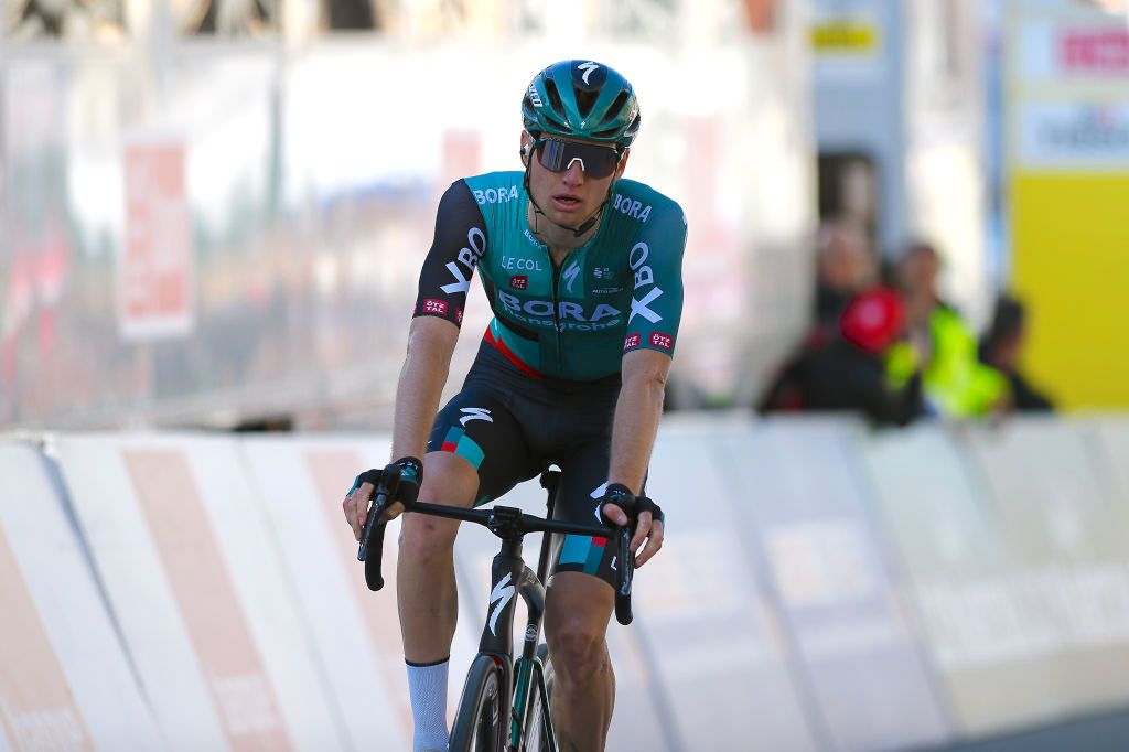 ROMONT, SWITZERLAND - APRIL 27: Aleksander Vlasov of Russia and Bora - Hansgrohe Team reacts after cross the finishing line during the 75th Tour De Romandie 2022 - Stage 1 a 178km stage from La Grande Beroche to Romont 777m / #TDR2022 / on April 27, 2022 in Romont, Switzerland. (Photo by Dario Belingheri/Getty Images)