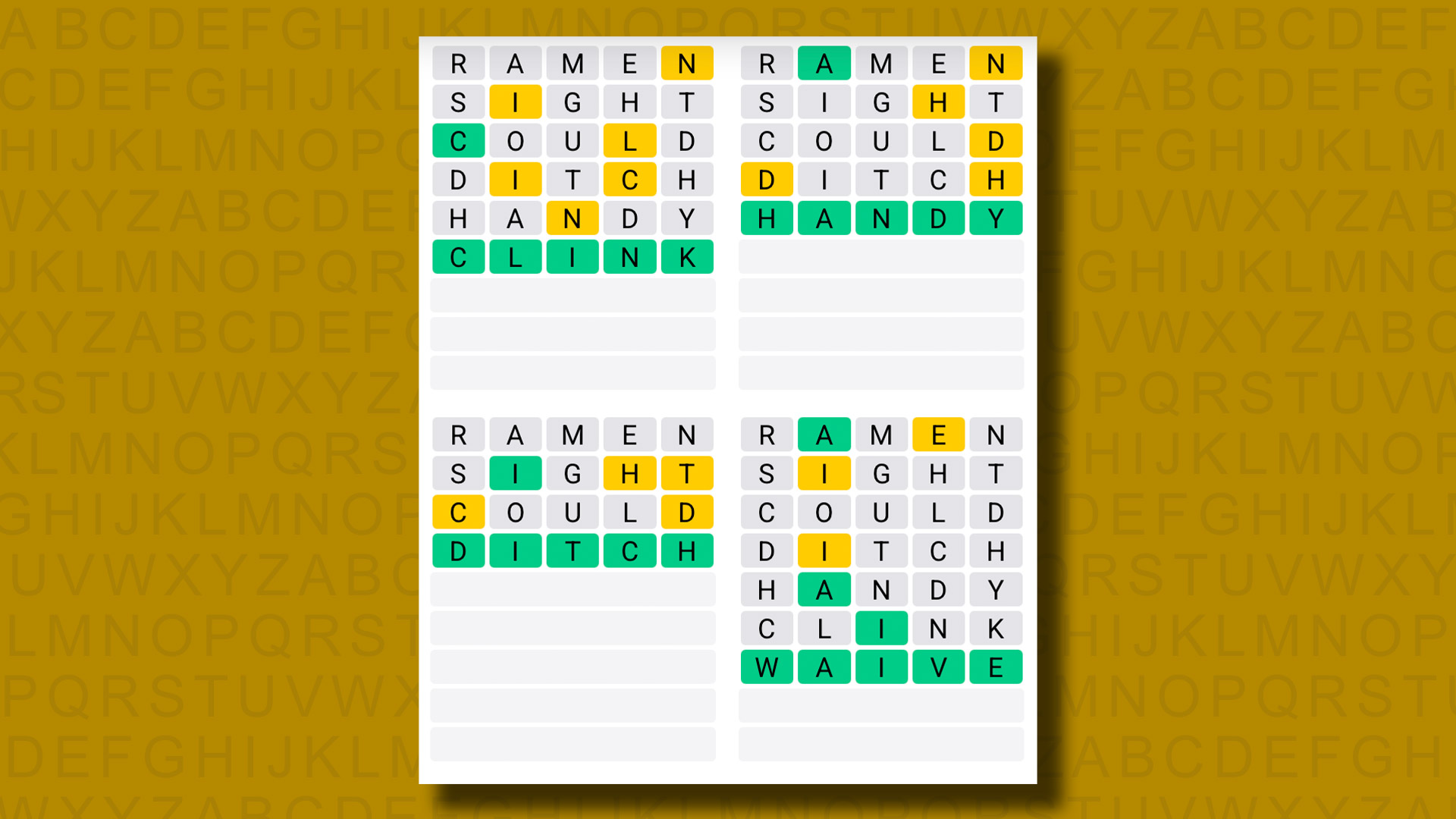 Quordle answers for game 1211 on a yellow background