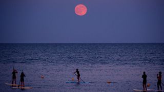 Full moon over water with paddleboarders in the foreground. 