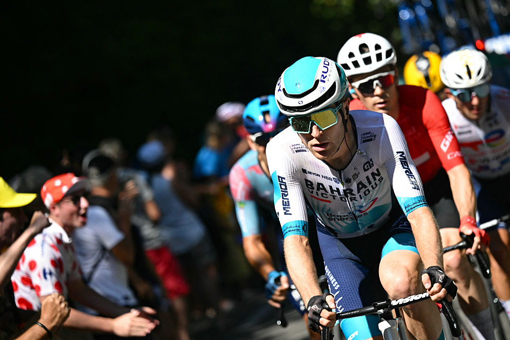 Bahrain - Victorious team&#039;s British rider Fred Wright cycles in a breakaway during the 11th stage of the 112th edition of the Tour de France cycling race, 156.8 km starting and finishing in Toulouse, southwestern France, on July 16, 2025. (Photo by Loic VENANCE / AFP)