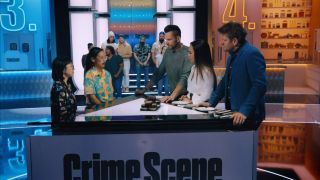 Sin Yi Cherry Lau and Steph Hsu being judged by Curtis Stone, Joel McHale, and Yoland Gampp on Crime Scene Kitchen