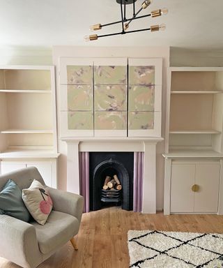 diy canvas art over mantle next to alcove shelving