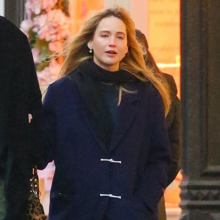 Jennifer Lawrence wearing a navy coat