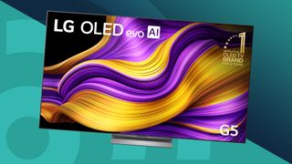 Best 75-inch TV featuring an LG G5 on a Cyan background