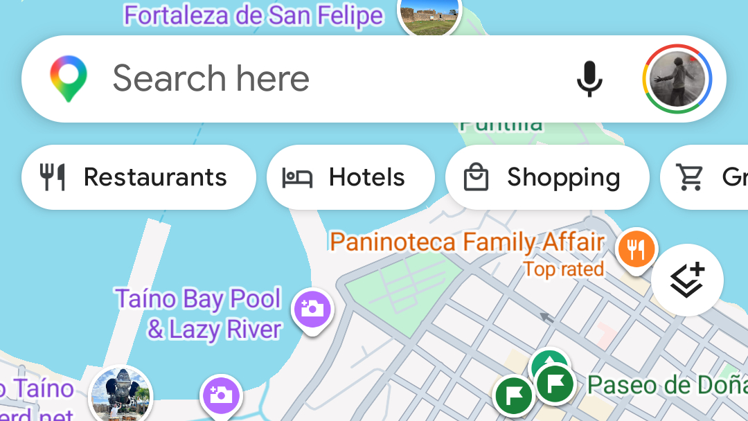 Screenshot of Google Maps showing the Restaurants, Hotels and Shopping icons