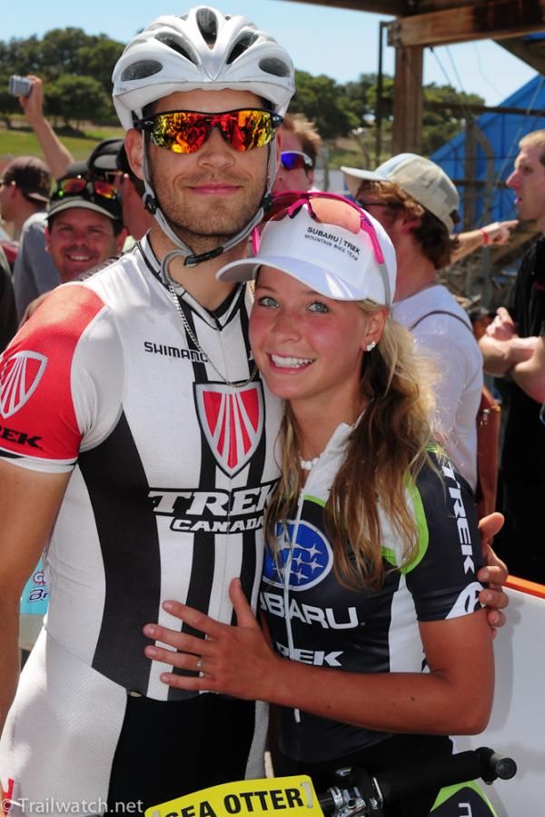 Adam Morka (Trek Toronto) is wished good luck by Emily Batty who had just won the women's race