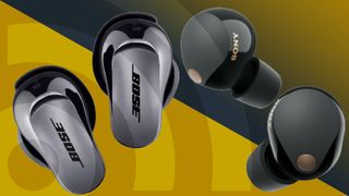 Bose QuietComfort Ultra Earbuds and Sony Wf-1000XM5 on black and yellow background