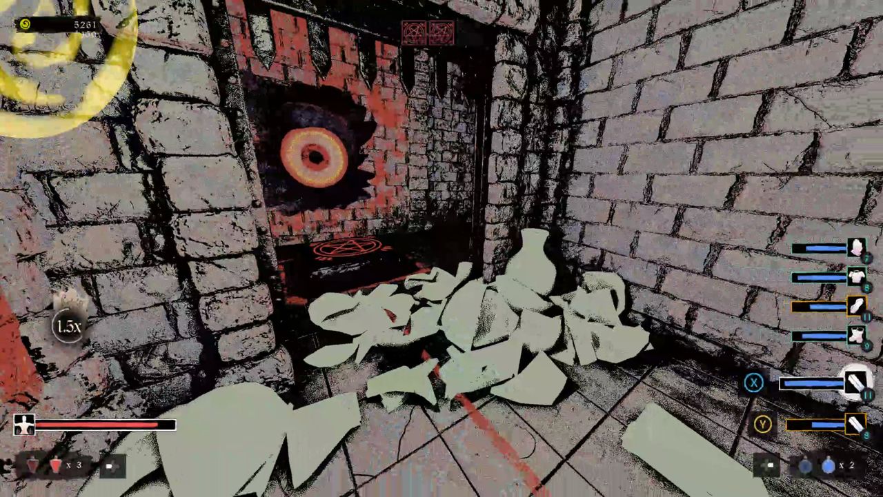 Crumbling hallway with giant eye staring out of doorway