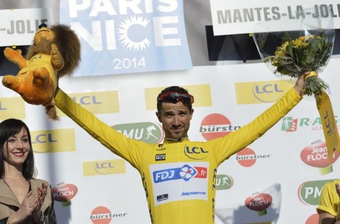 Nacer Bouhanni (FDJ.fr) resplendent in the Paris-Nice leader's jersey after sprinting to victory on the opening stage
